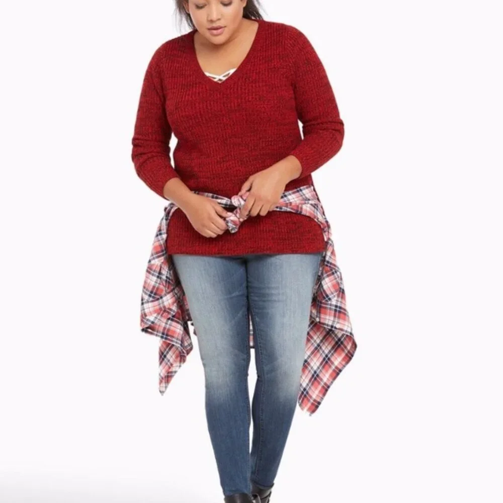 Torrid RED MARLED KNIT V-NECK Long Sleeve SWEATER EUC sz 3X
